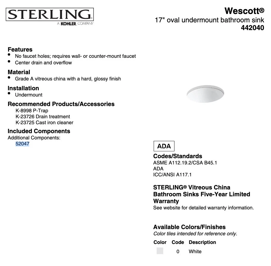 STERLING 17 дюймов 442040-0 Wescott овальная раковина для ванной с нижним креплением белая, новая в коробке - Изображение 3 из 4