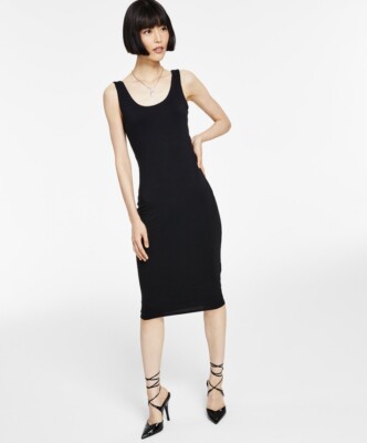 Bar III Women's Sleeveless Bodycon Scoop-Neck Midi Dress Deep Black Size M