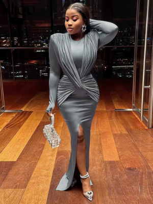 S M L Classic Cross Ruched Long Sleeve Split Maxi Dress Elegant Prom Party Wear | eBay S M L Classic Cross Ruched Long Sleeve Split Maxi Dress Elegant Prom Party Wear | eBay