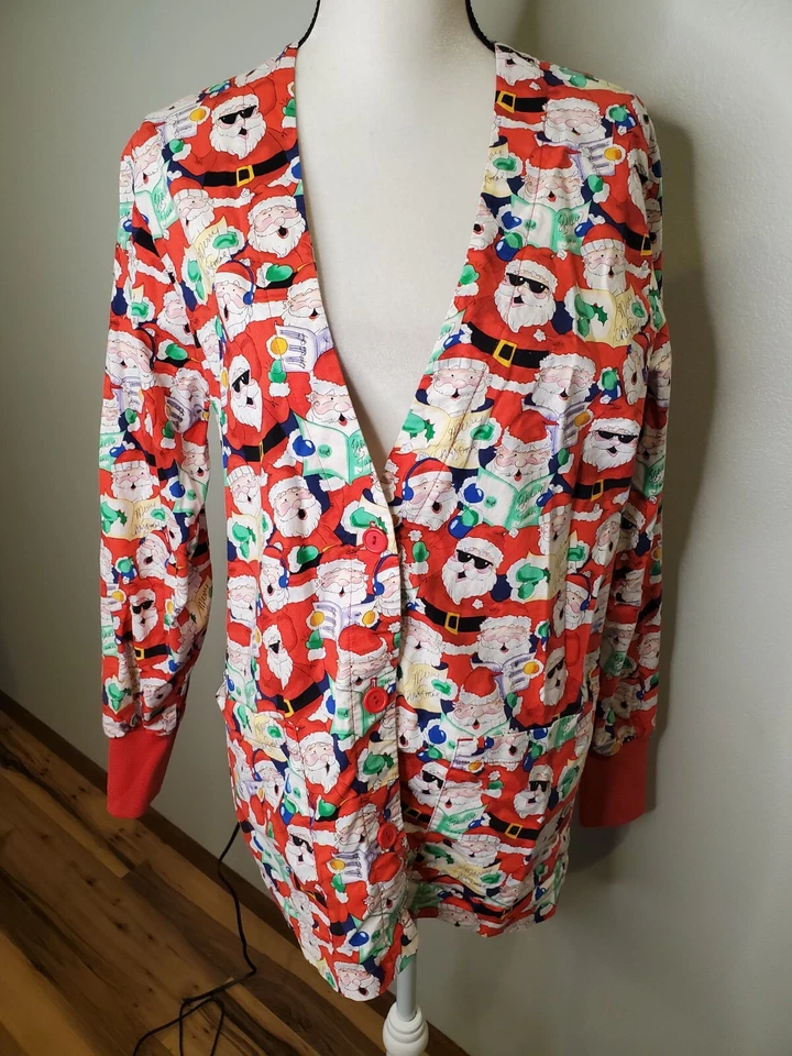 Peaches Size Small Christmas Scrub Top Long Sleeve Button Santa Claus Shirt - Image 4 of 4