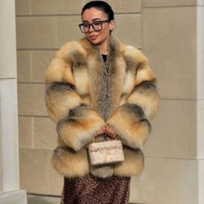 Luxury Real Golden Island Fox Fur Coat Thick Warm Outwear Women's Fluffy Jackets