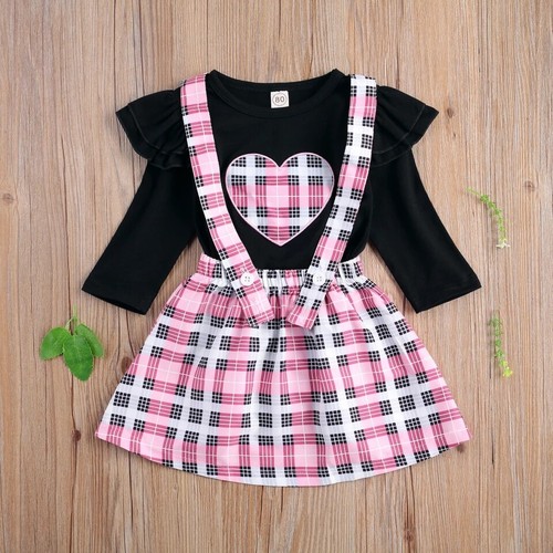 NEW Valentine's Day Heart Shirt Pink Plaid Suspender Skirt Girls Outfit Set - Bild 1 von 6