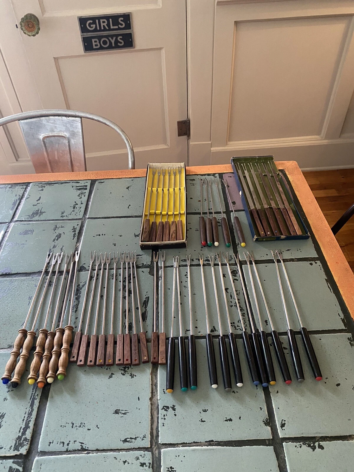 Vtg Mid Century Teak 6 Sets of Fondue Skewers Forks 46 Pieces