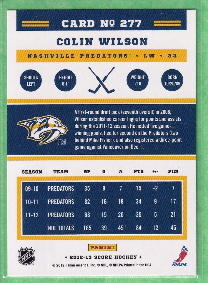2012-13 Score Gold Rush #277 Colin Wilson Nashville Predators - Image 2 of 2