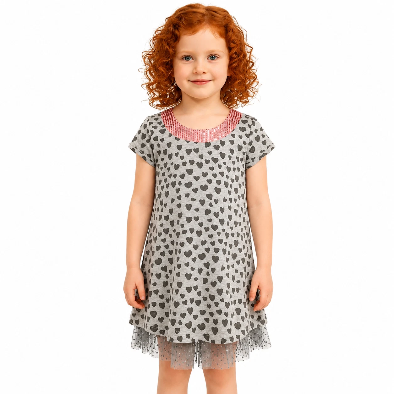 NWT 4 Lipstik Girls A-line Sparkle Hearts Girls Dress w/Sequin Trim Grey & Pink