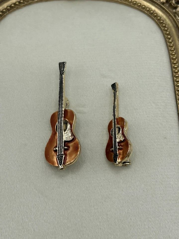 Broche de guitarra vintage pin esmalte marrón tono dorado juego de 2 grandes y pequeños Foto 2 de 4