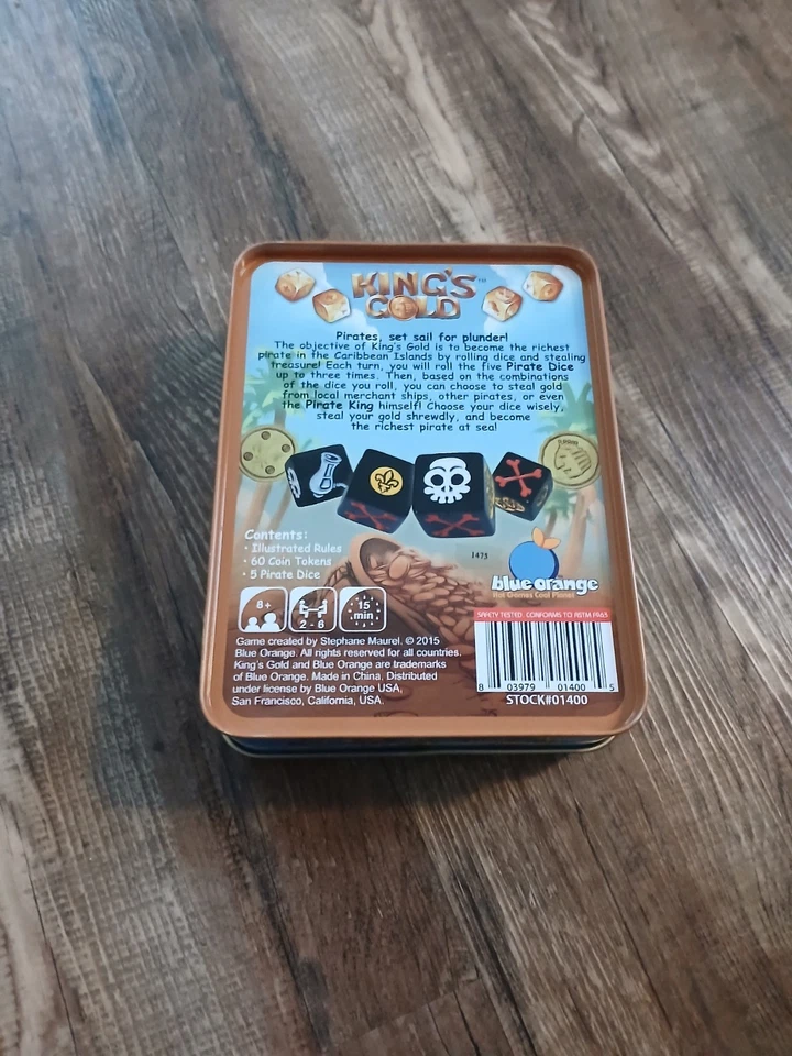 King's Gold Dice Game Tin 5 Pirate Dice Blue Orange 100% Complete CIB 2-6 Player - Image 3 of 3