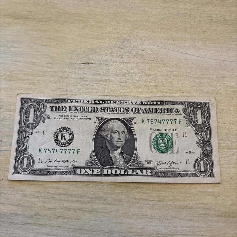Trinary Fancy Serial Number,  One Dollar Bill (6-7’S) K 75747777 F 2013