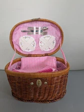Unused Delton Toy China Tea Set in Lined Wicker Picnic Basket w/Silverware