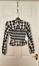 BLOUSETOP,LONG SLEEVE,BLACK CHECK,60S,70S,80S LOOK,FRILL,COLLAR,SIZE 4 PETITE,6a
