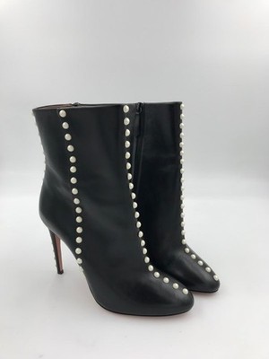 Aquazzura Follie Pearls Bootie 105 Black Calf Leather Pearl Ankle Stiletto 39.5