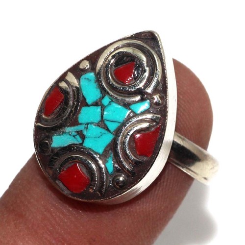 Nepali Tribal Tibetan Turquoise Red Coral Jewellery Ring Size Us 7 AU s514