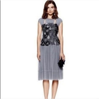 Tory Burch Faith Dress XS grey floral double lined midi sleeveless FLAW (bin G)