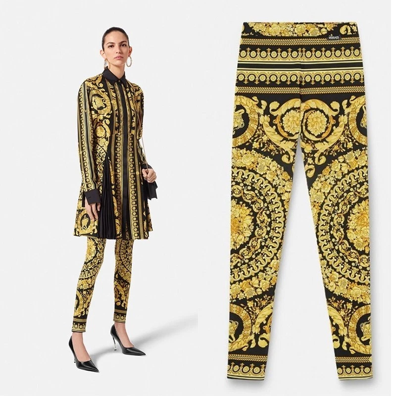 Versace — 40 NEW $1,025 VERSACE Black & Yellow Classic BAROCCO Heritage JERSEY LEGGINGS 4