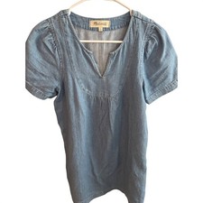 Madewell Womens Blue Denim Chambray Puff Sleeve Shift Dress Split Neck Small