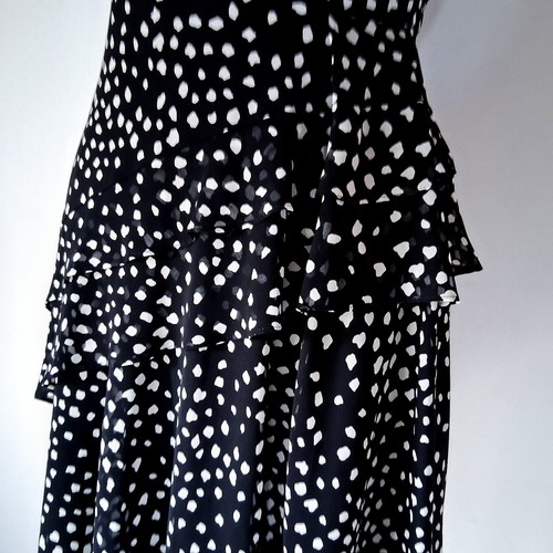 Anne Klein Black Dotted V-Neck Dress Size 6 Layered Ruffle Asymetrical Hem - Picture 3 of 6