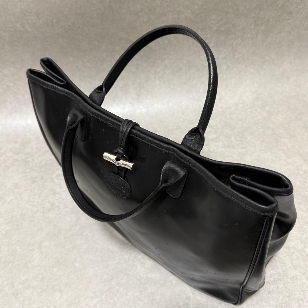 Longchamp Rozo Leather Tote Bamboo Handle Black A4 Capacity Silver HW Authentic image 9