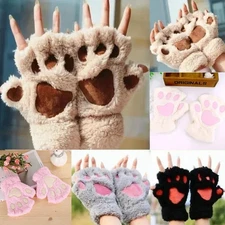 Warm Lovely Cat Claw Paw Mitten Plush Gloves Winter Soft Short Finger Half Glove