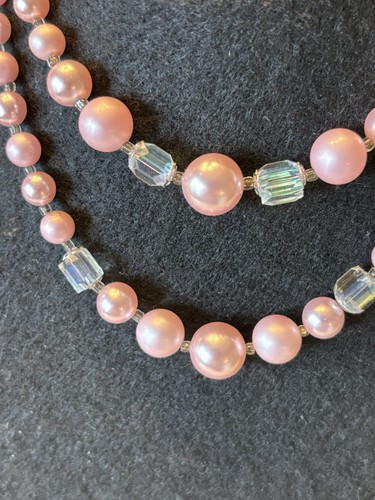 Zwei Strang Rosa & Aurora Borealis Perlen Halsband Halskette 16" Vintage Silberfarben - Bild 7 von 10