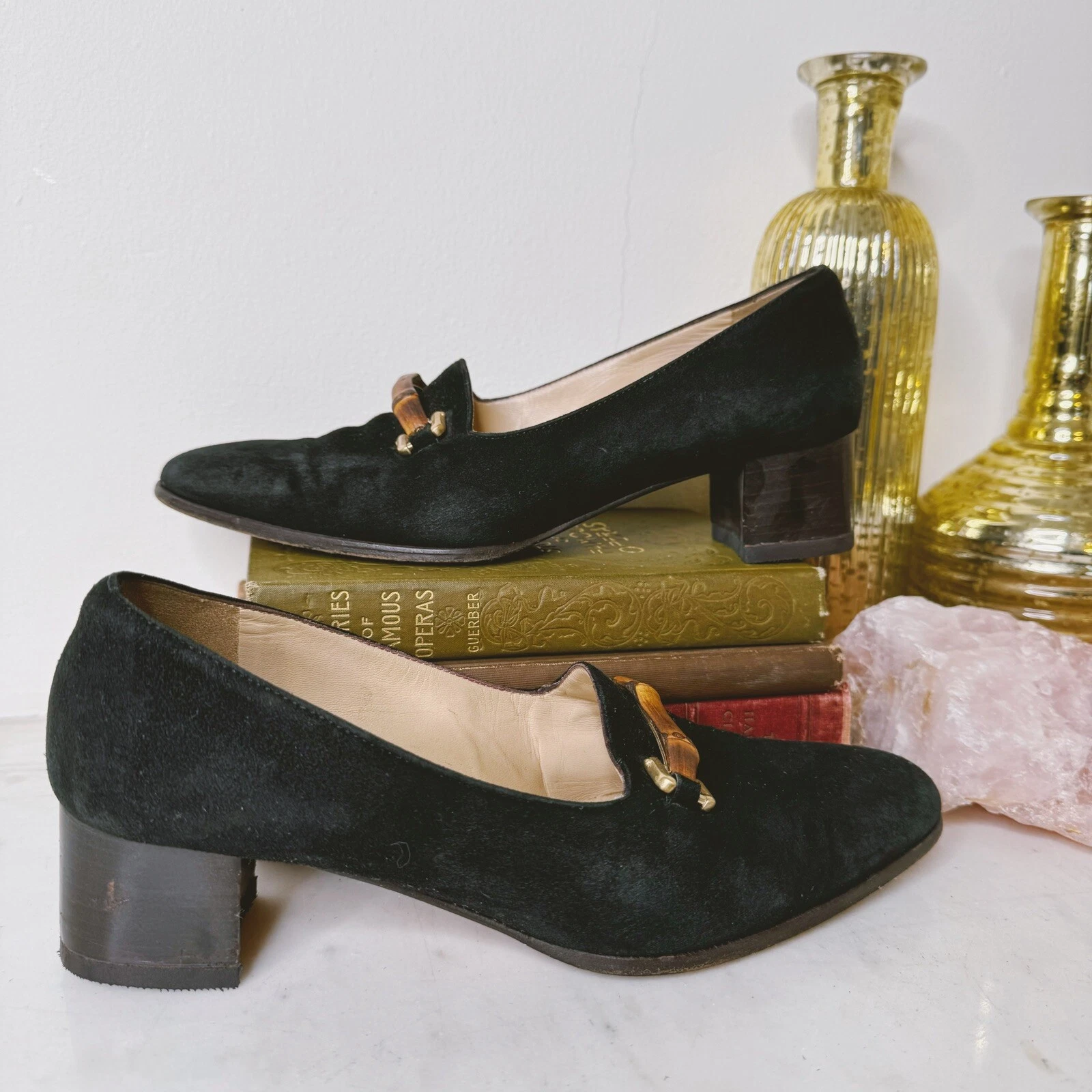 Escarpins vintage Gucci daim talon bloc boucle bambou noir années 90 classique taille 36,5