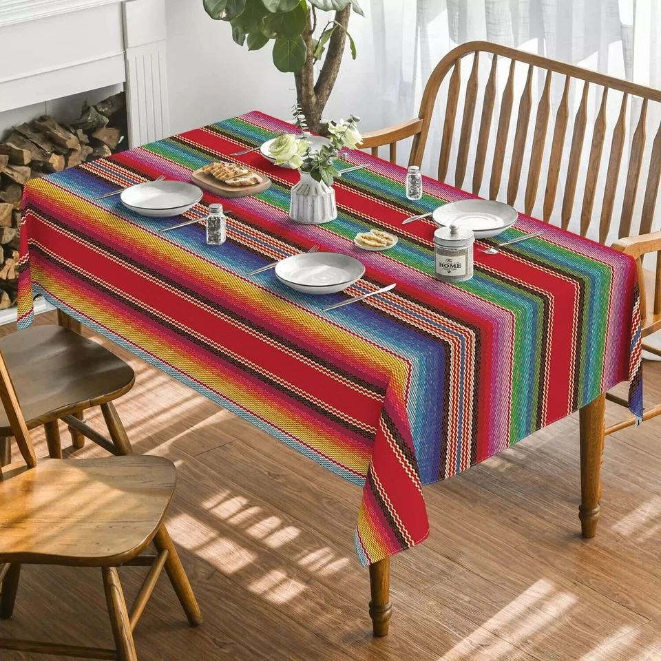 Mexico Tablecloth 60x84 Inch Square Cinco De Mayo Fiesta Colorful Stripes Was... - Image 2 of 4