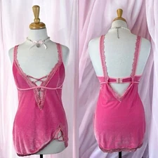 Pink Velvet Babydoll Top Lingerie Lace Coquette Fairycore Romantic Open Back M