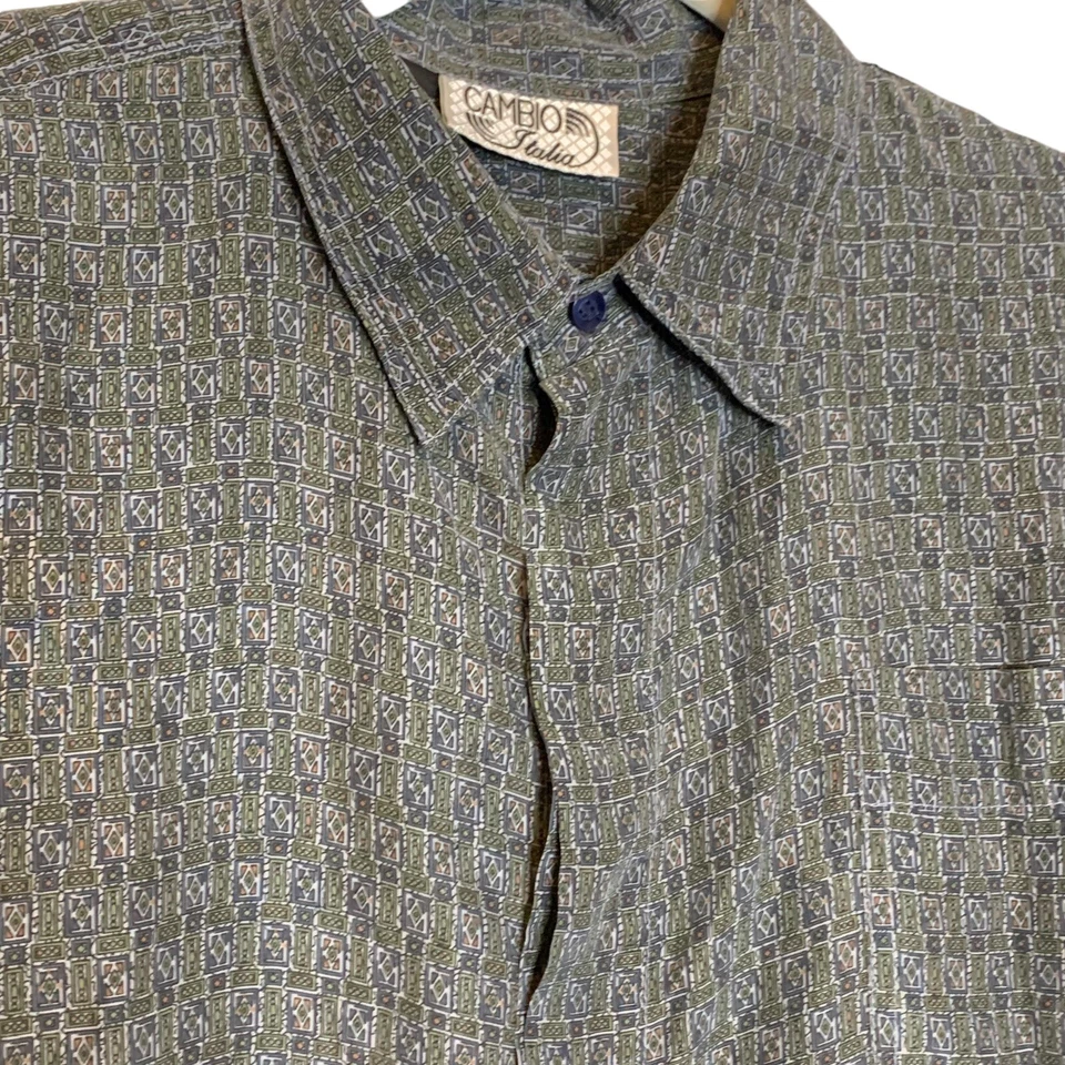 Camisa Cambio Italia Para Hombre Grande Seda Abotonada Manga Corta Ligera Geométrica Foto 2 de 4