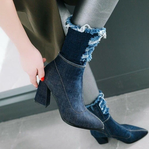 Damen Stiefeletten Schuhe Denim mittlere Wade spitz hohe Absätze gerissener Lochreißverschluss neu - Bild 5 von 16