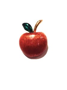 Authentic VINTAGE JEWELRY - 1960s Orange Red Enamel Apple Gold Plated Miniature Brooch Pin