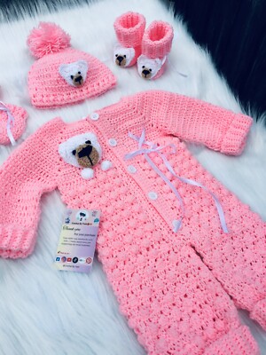 crochet newborn baby girl coming home outfit bodysuit set pink color dress  set