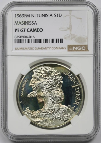 1969FM NI Tunisia Masinissa Silver Dinar NGC PF 67 Cameo 