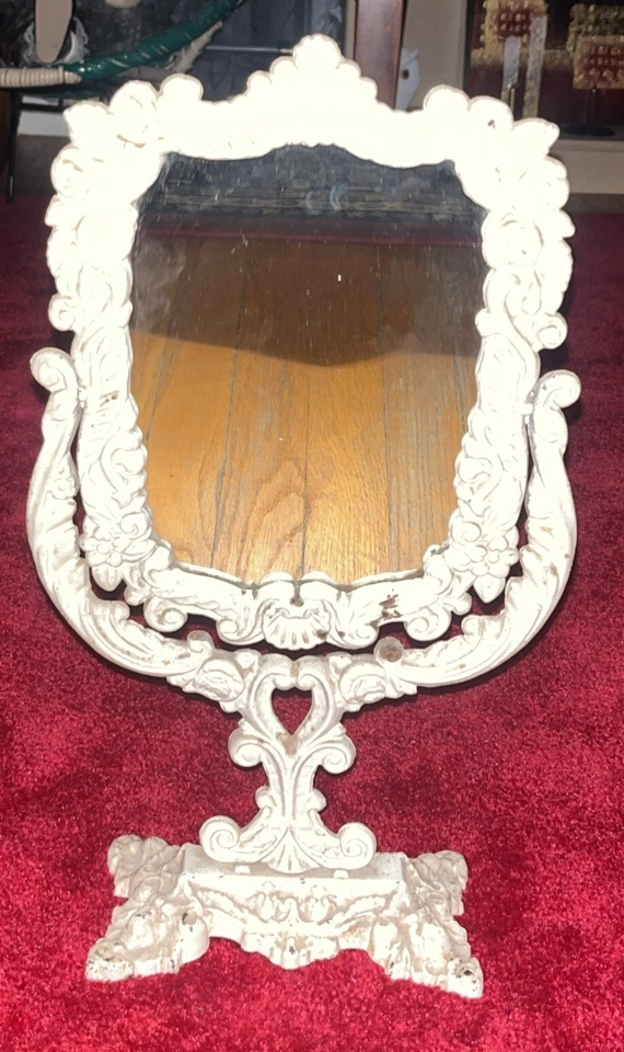 Antiguo tocador de hierro forjado victoriano de los años 1870-90 espejo oscilante pátina Foto 2 de 4