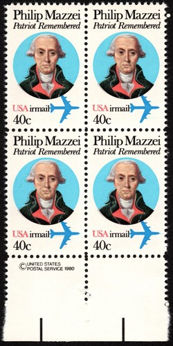 US Stamp Scott # C98A - 40 Cents Mazzei Perf 10 1/2 x 11 1/4 Copyright Block NH - 第 1/1 張圖片