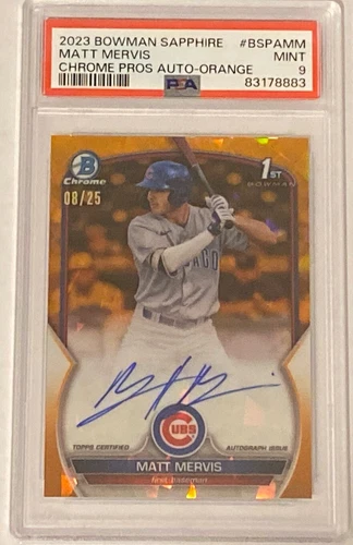2023 Bowman Sapphire Matt Mervis Chrome Orange Refractor Auto /25 PSA 9 MINT