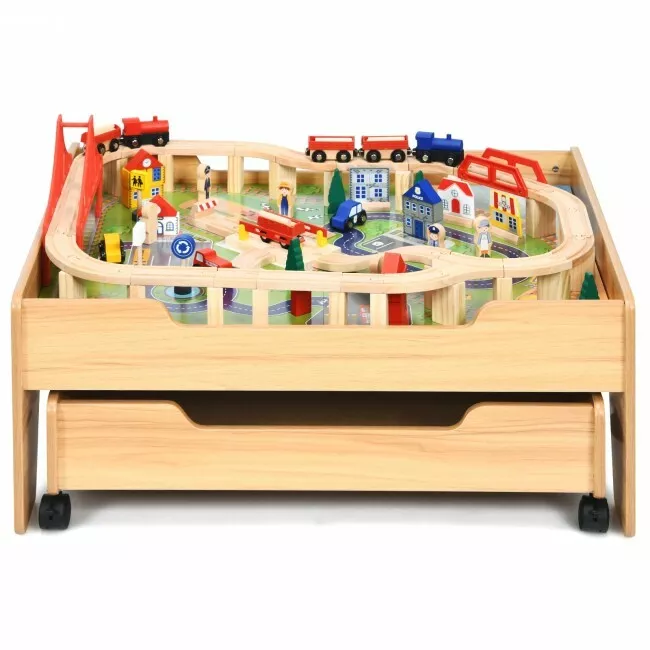 Costway Kids Wooden Train Track Railway Set Table with 100 Pieces