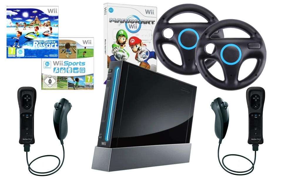 Nintendo Wii Konsole (schwarz / weiß) Kart, Sports + 2in1 Remote Plus Controller