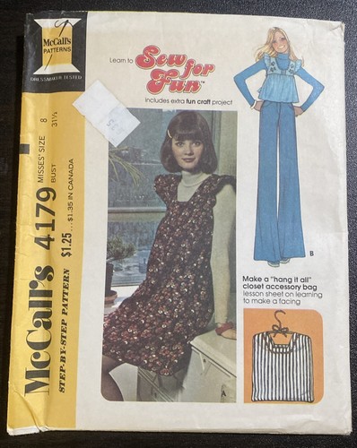 McCall's Sewing Pattern 4179 VTG 70' Misses Jumper Top Closet Bag Boho Size 8