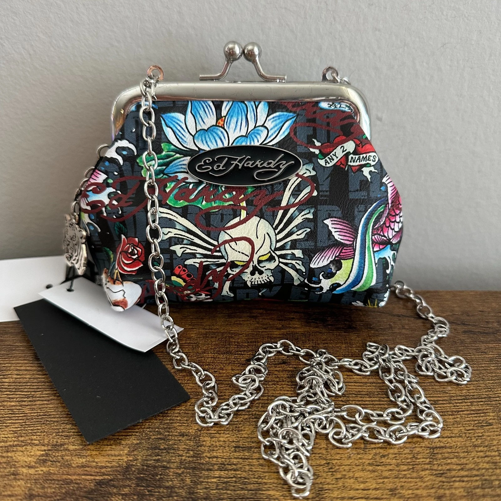 New Ed Hardy Kisslock Blue Black Shoulder Clutch Coin Pouch Purse Silver Charm