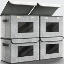 4 Pack Large Foldable Storage Bins with Lids Collapsible Gray 17x12x12