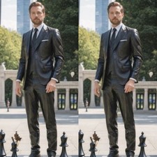 Black Leather Men's Suits Peak Leather Wedding Groom Prom Tuxedos Three Pieces