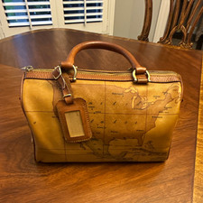 Borsa Alviero Martini 1a Classe Tan Stampa Mappa Manico Superiore Zip con Etichetta Bagaglio