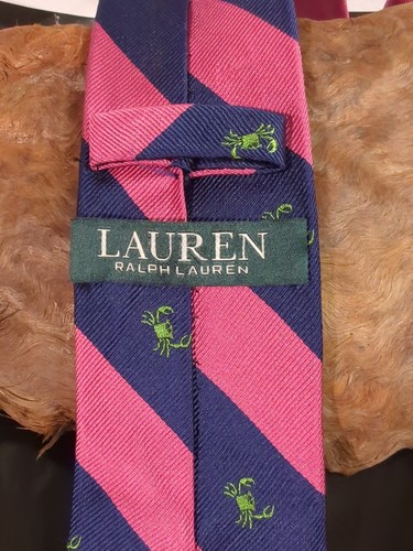 100% Silk Polo Ralph Lauren Neck Tie Navy Pink Green Crabs Striped Hand Made VTG - Picture 3 of 9