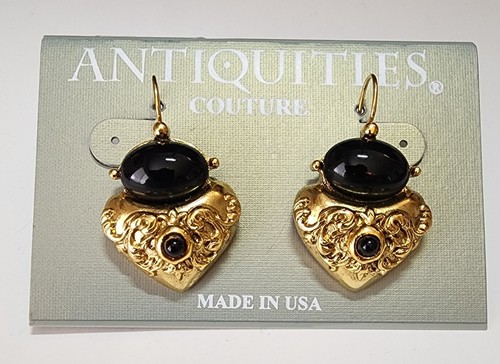 Pendientes Corazón Cabujón Negro Tono Dorado Antigüedades Alta Costura Hechos en EE. UU. De Colección - Imagen 2 de 4