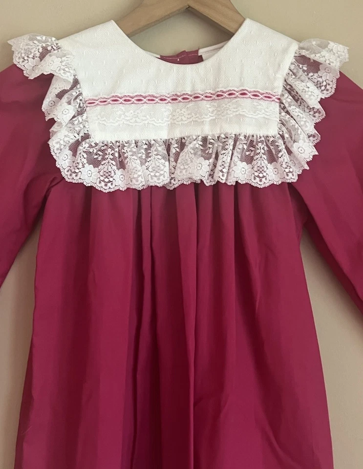 Vestido Bryan Bishop Vintage Años 80 90 Niñas Talla 6 Rosa Fucsia Encaje Manga Larga Foto 3 de 4