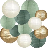 12 StüCk Papier Lampions GrüN Gold, Retro Olive Salbei GrüN Gold Weiß Runde