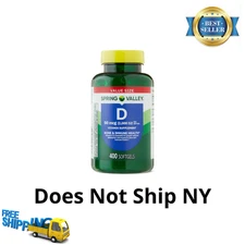 Spring Valley Vitamin D3 Supplement Softgels, 50 Mcg (2,000 IU), 400 Count NEW