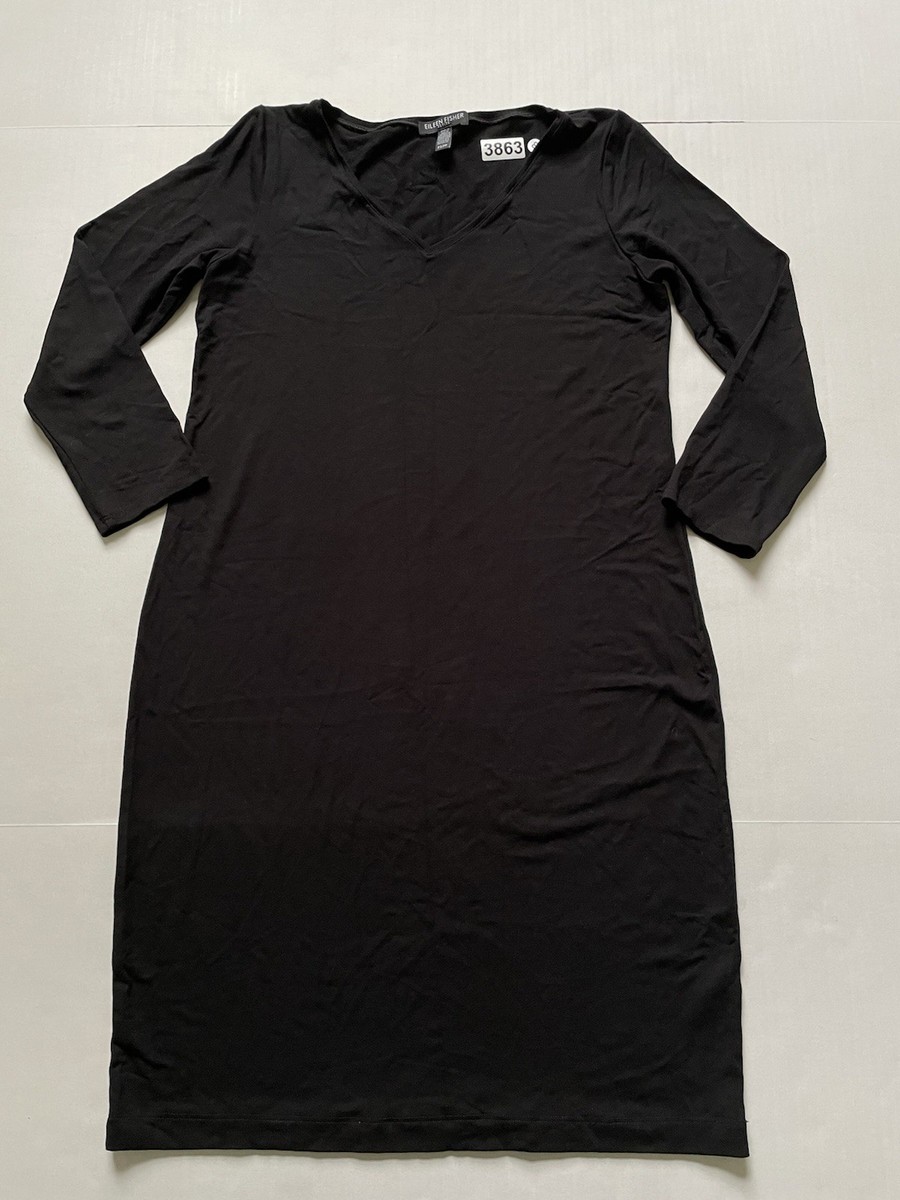 eileen fisher viscose jersey three quarter sleeve v neck dress Eileen Fisher Dress Womens PS Black Jersey 3/4 Sleeve V-Neck Viscose Blend  NWOT
