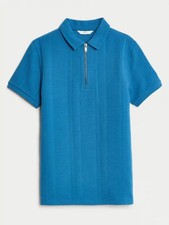 M&S BOYS TEXTURED STRIPE ZIP POLO SHIRT BLUE AGE 4-5 YEARS (REF R)