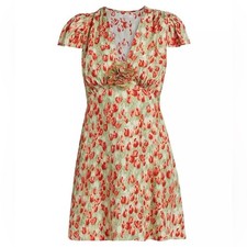 NWT Doen Kelsea Silk Rosette Floral V-Neck Short Sleeve Mini Dress Tulip Fields