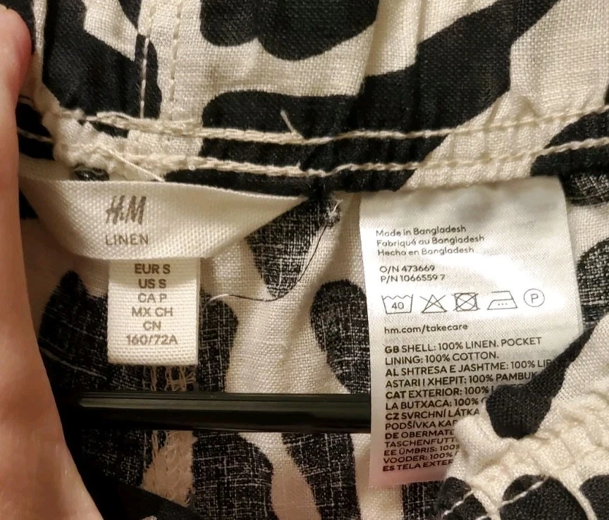 Pantalones al Tobillo H&M Lino Algodón Negro/Blanco Estampado Cebra Cordón Cintura Elástica S